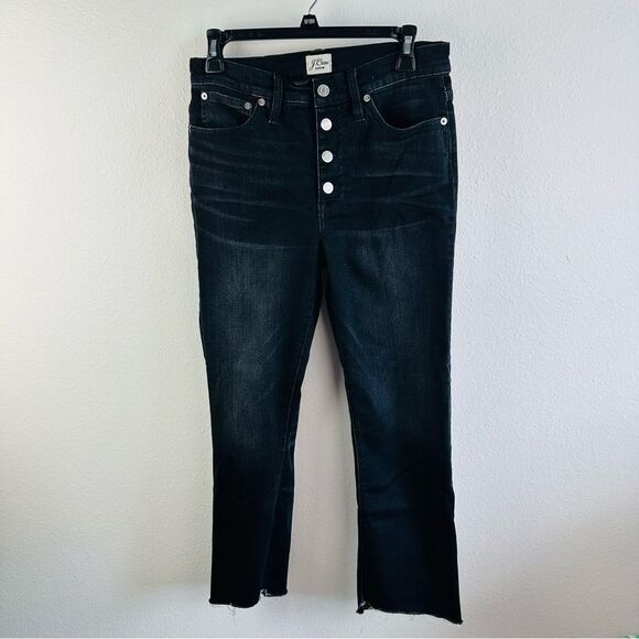 J Crew Billie Demi‎ Boot Crop Black Button Fly Denim Jeans Size 28 Distressed - Picture 1 of 3